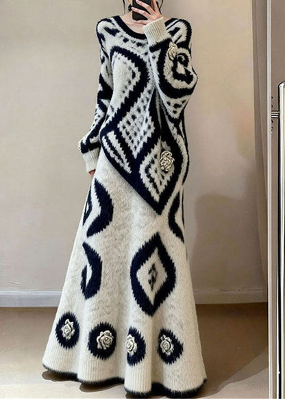 French O Neck Print Sweaters Top And Skirts Knit Two-Piece Set Fall