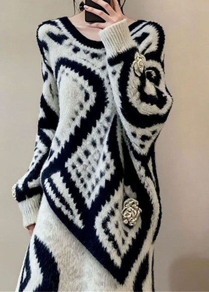 French O Neck Print Sweaters Top And Skirts Knit Two-Piece Set Fall