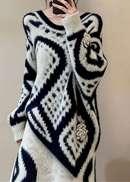 French O Neck Print Sweaters Top And Skirts Knit Two-Piece Set Fall