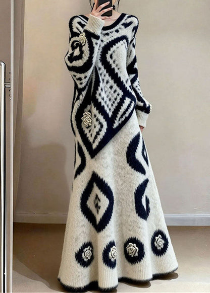 French O Neck Print Sweaters Top And Skirts Knit Two-Piece Set Fall