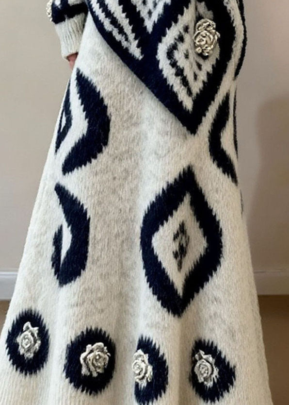French O Neck Print Sweaters Top And Skirts Knit Two-Piece Set Fall