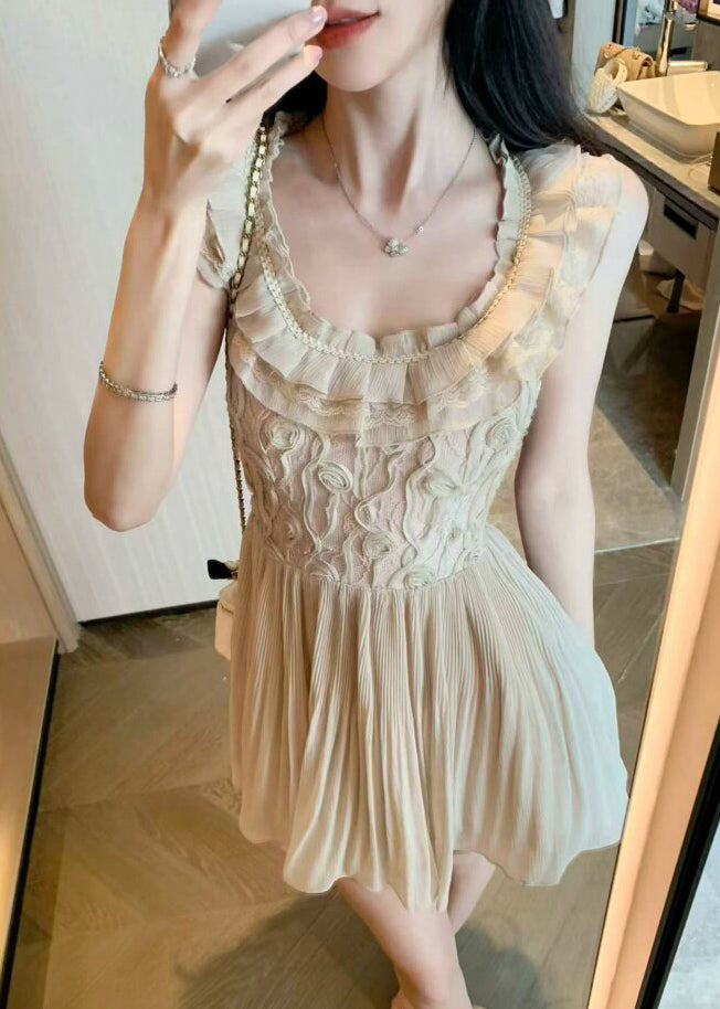 French O-Neck Ruffled Patchwork Flattering Mid Dresses Short Sleeve