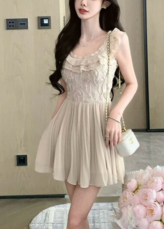 French O-Neck Ruffled Patchwork Flattering Mid Dresses Short Sleeve
