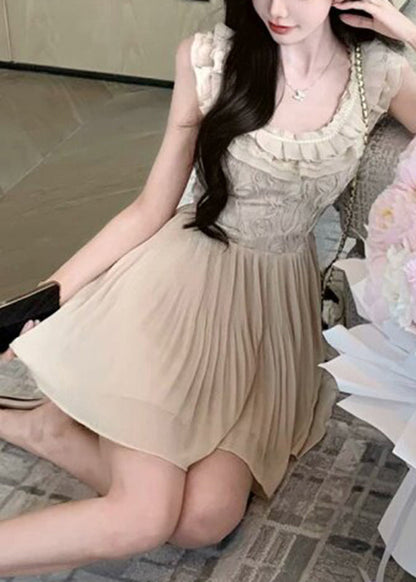 French O-Neck Ruffled Patchwork Flattering Mid Dresses Short Sleeve