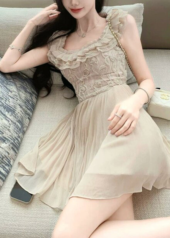 French O-Neck Ruffled Patchwork Flattering Mid Dresses Short Sleeve