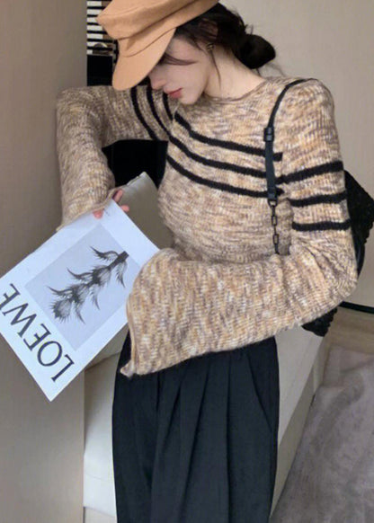 French O Neck Striped Knit Short Sweater Flare Sleeve