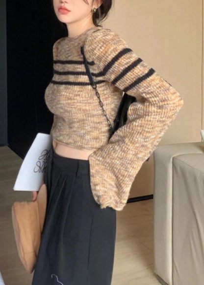 French O Neck Striped Knit Short Sweater Flare Sleeve