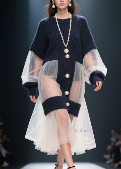 French O Neck Tulle Patchwork Knitted Dress Winter