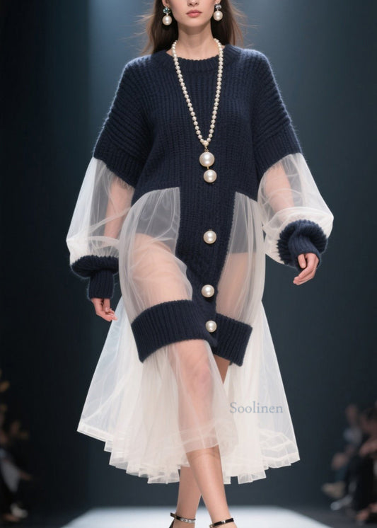 French O Neck Tulle Patchwork Knitted Dress Winter