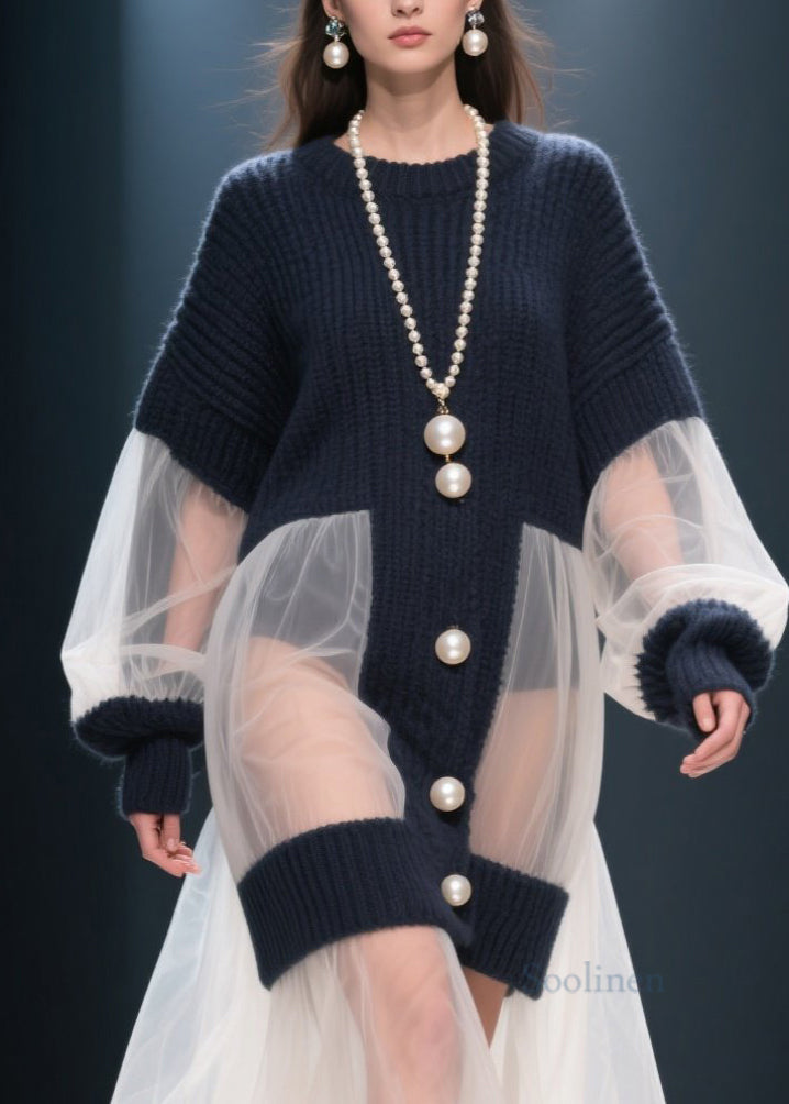 French O Neck Tulle Patchwork Knitted Dress Winter