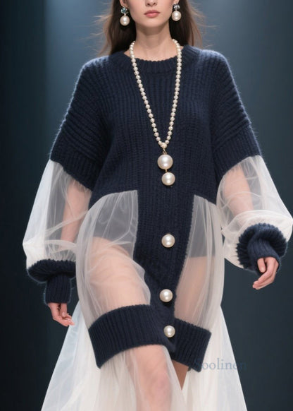 French O Neck Tulle Patchwork Knitted Dress Winter