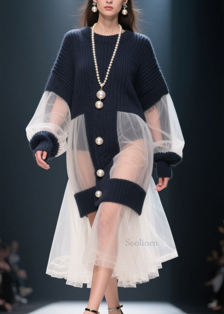 French O Neck Tulle Patchwork Knitted Dress Winter