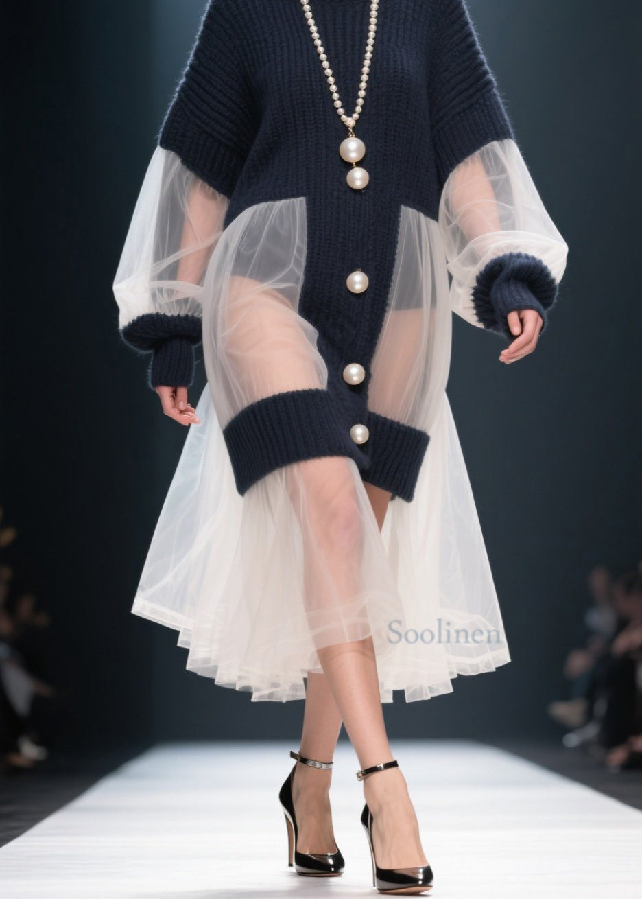 French O Neck Tulle Patchwork Knitted Dress Winter