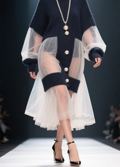 French O Neck Tulle Patchwork Knitted Dress Winter