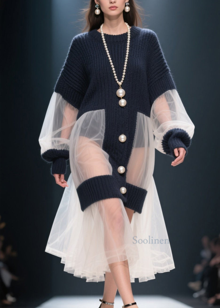 French O Neck Tulle Patchwork Knitted Dress Winter