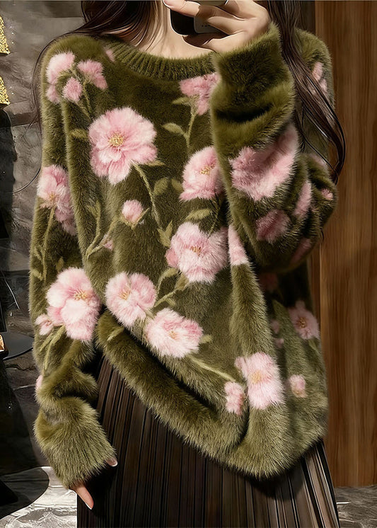 French Olive Green Original Design Cozy Knit Sweater