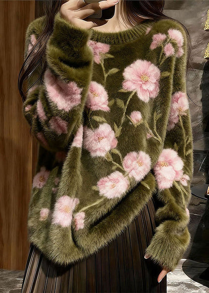 French Olive Green Original Design Cozy Knit Sweater