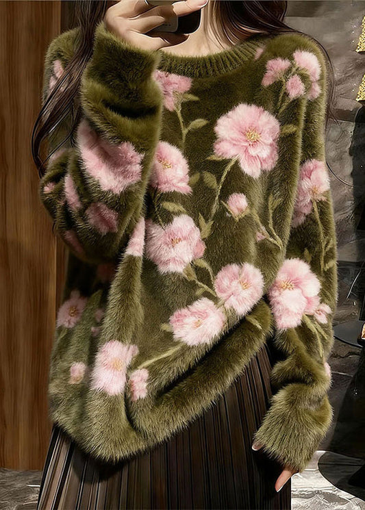 French Olive Green Original Design Cozy Knit Sweater