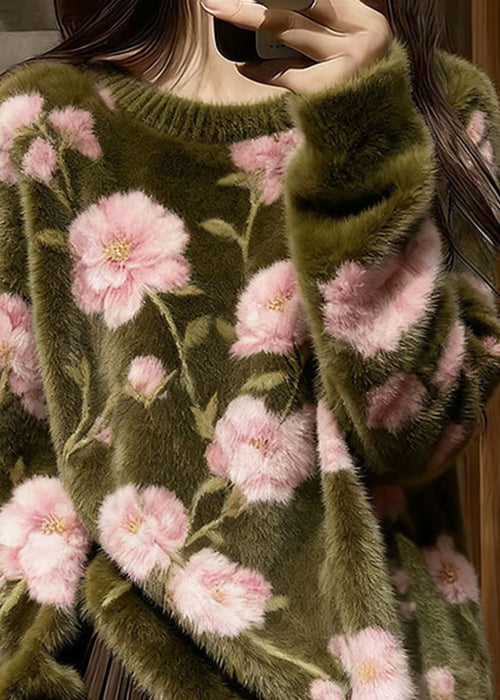 French Olive Green Original Design Cozy Knit Sweater