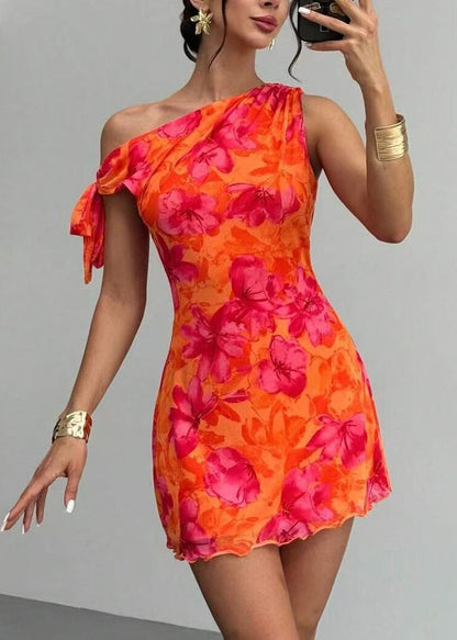 French Orange Asymmetrical Design Print Chiffon Mini Dress Summer
