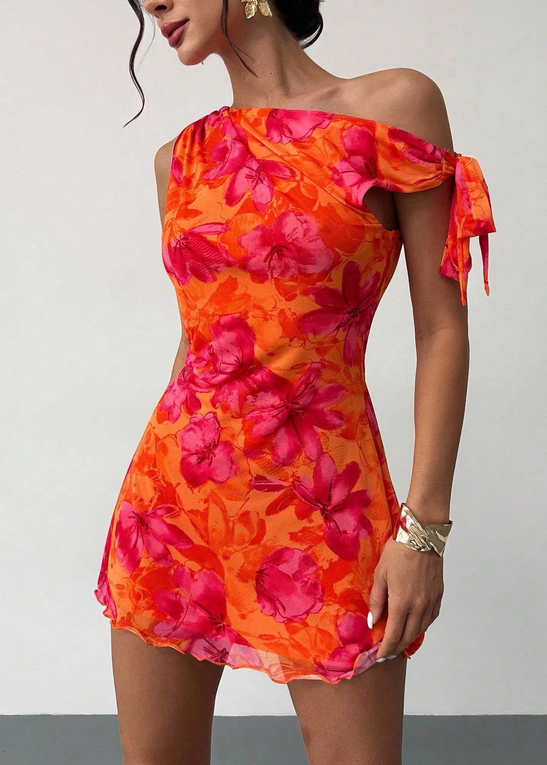 French Orange Asymmetrical Design Print Chiffon Mini Dress Summer