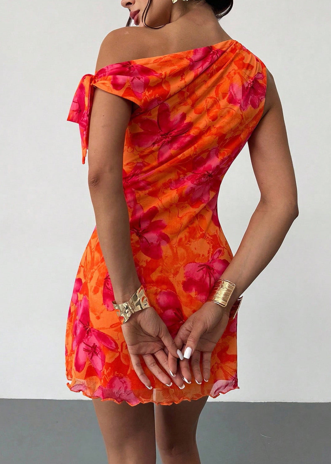 French Orange Asymmetrical Design Print Chiffon Mini Dress Summer