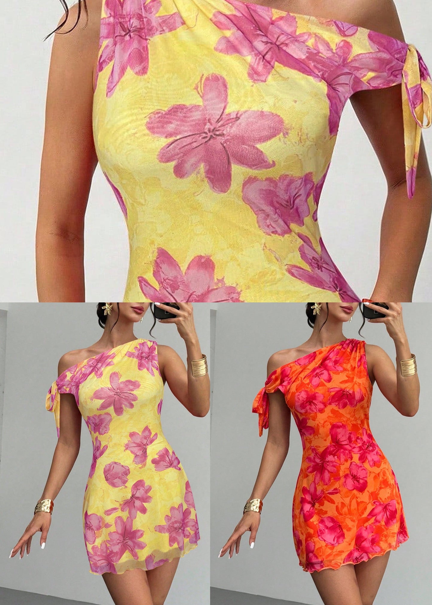 French Orange Asymmetrical Design Print Chiffon Mini Dress Summer