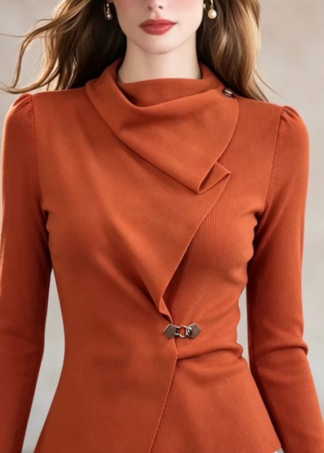 French Orange Asymmetrical Patchwork Cotton Top Fall