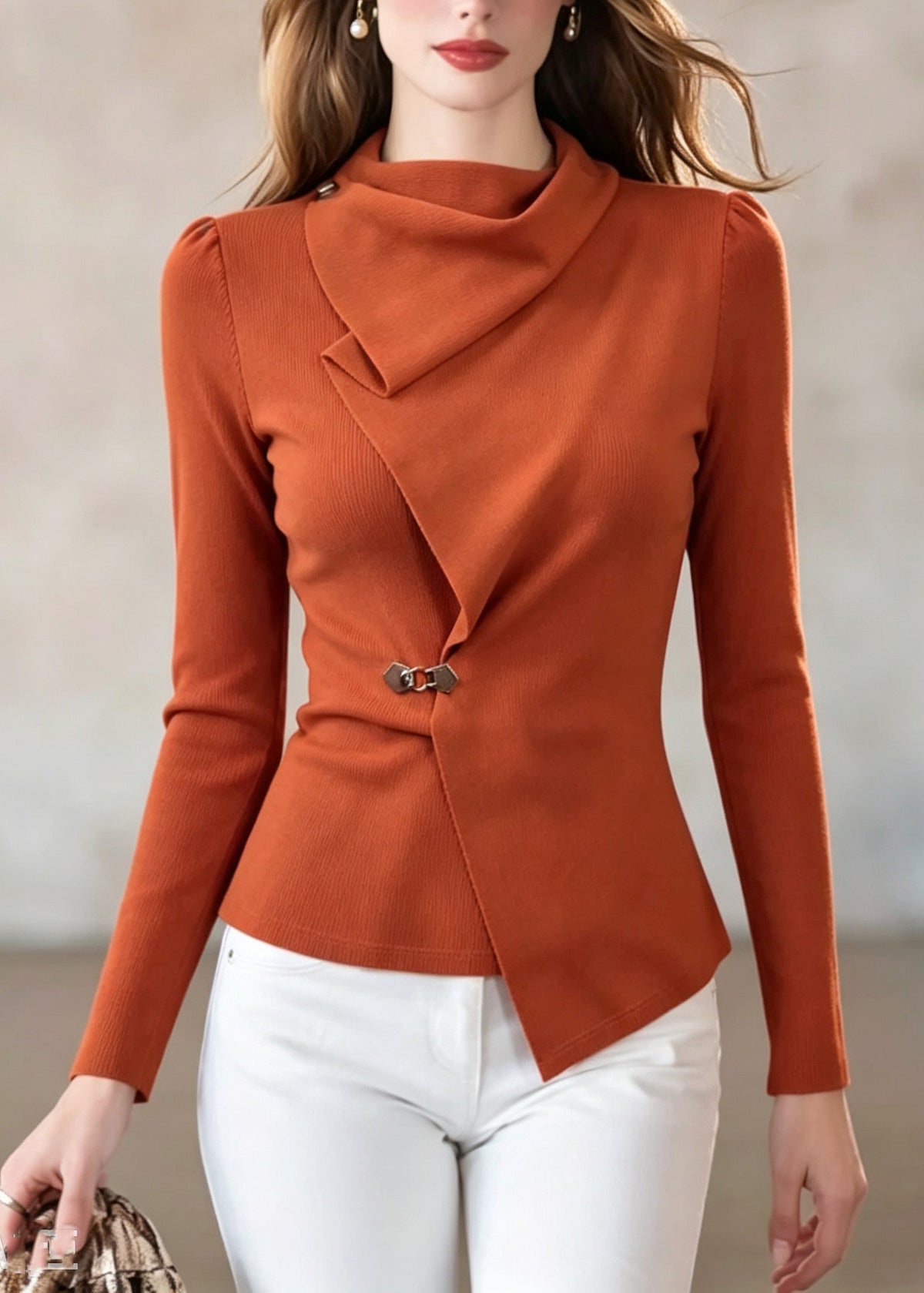French Orange Asymmetrical Patchwork Cotton Top Fall