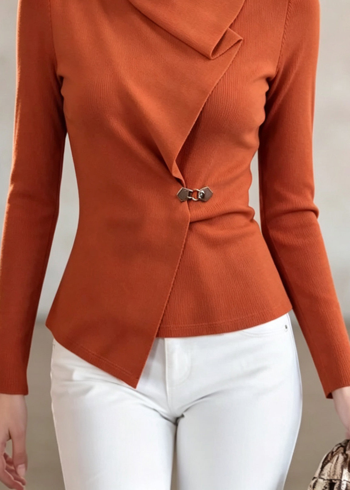 French Orange Asymmetrical Patchwork Cotton Top Fall