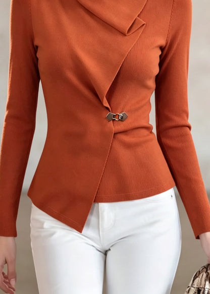 French Orange Asymmetrical Patchwork Cotton Top Fall