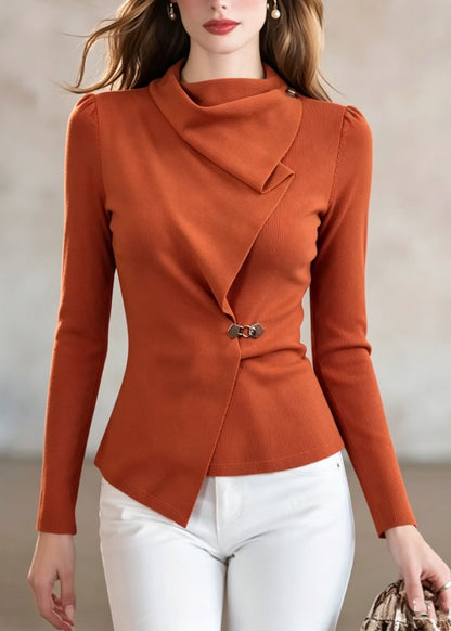 French Orange Asymmetrical Patchwork Cotton Top Fall
