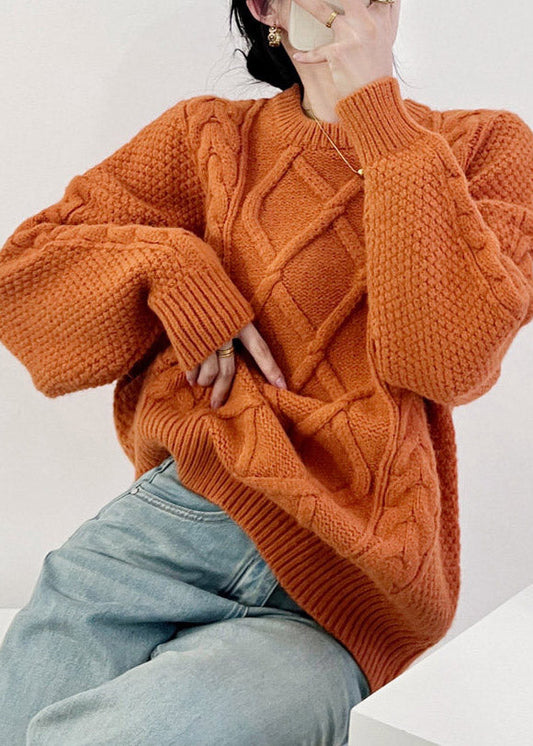 French Orange O-Neck Cozy Cotton Knit Sweater Tops Fall