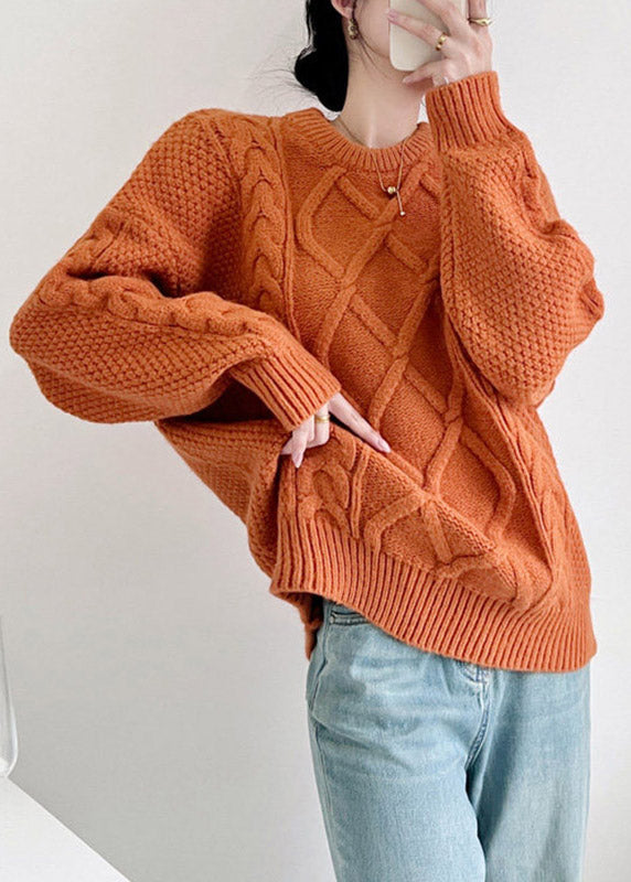 French Orange O-Neck Cozy Cotton Knit Sweater Tops Fall