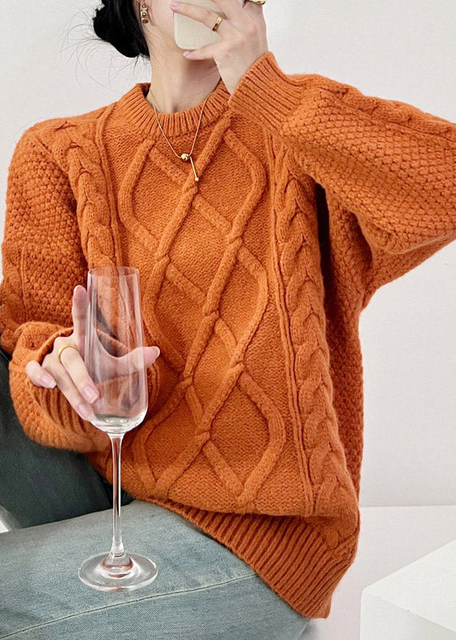 French Orange O-Neck Cozy Cotton Knit Sweater Tops Fall