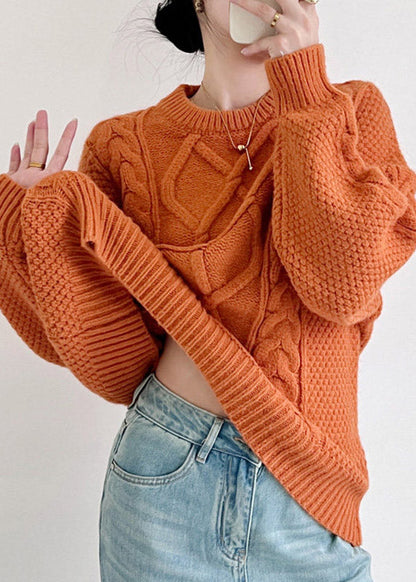 French Orange O-Neck Cozy Cotton Knit Sweater Tops Fall