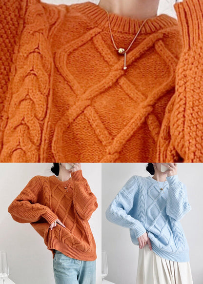 French Orange O-Neck Cozy Cotton Knit Sweater Tops Fall