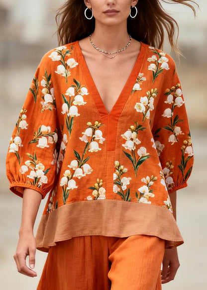 French Orange Oversized Patchwork Print Cotton Two Pieces Set Summer