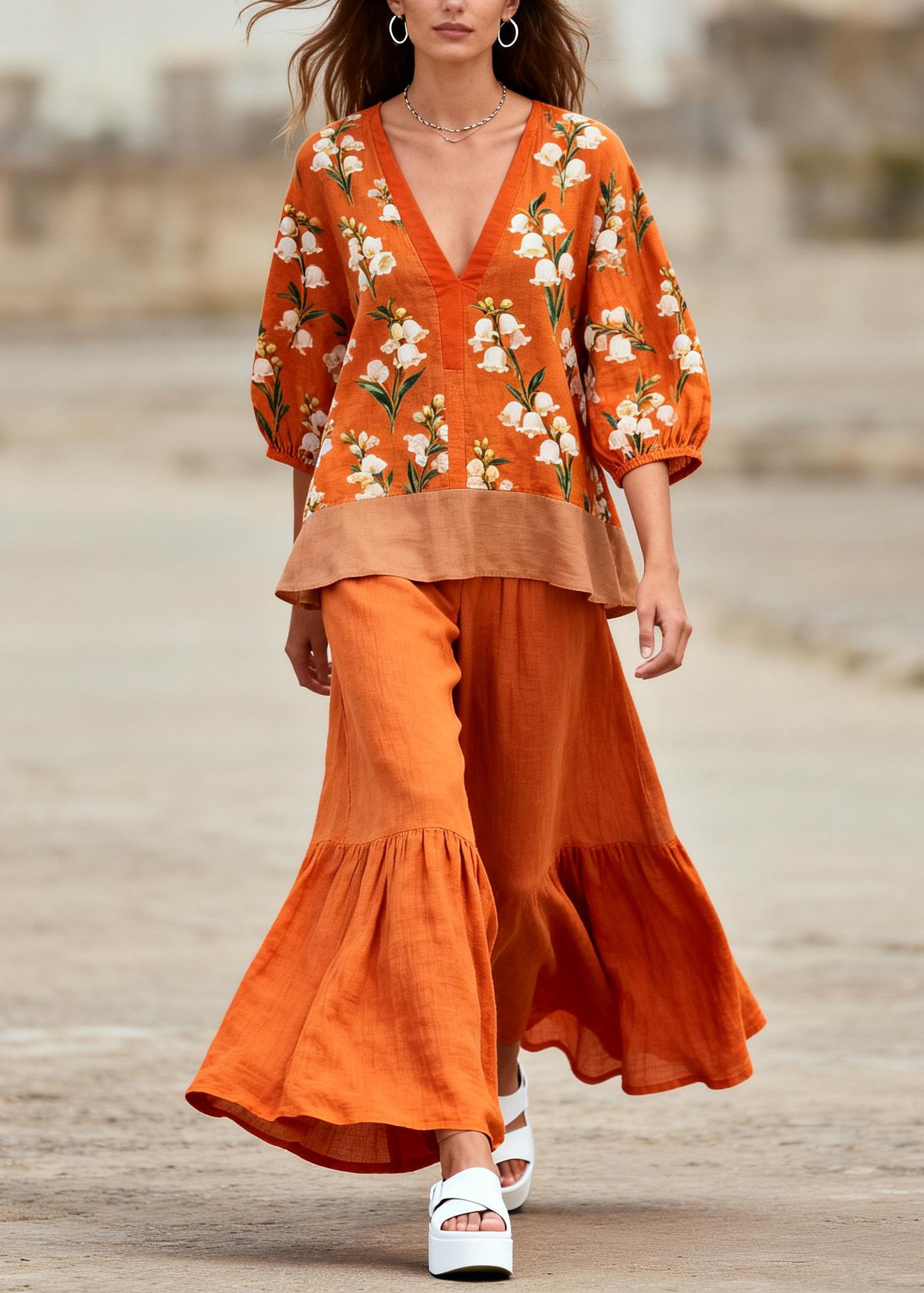 French Orange Oversized Patchwork Print Cotton Two Pieces Set Summer
