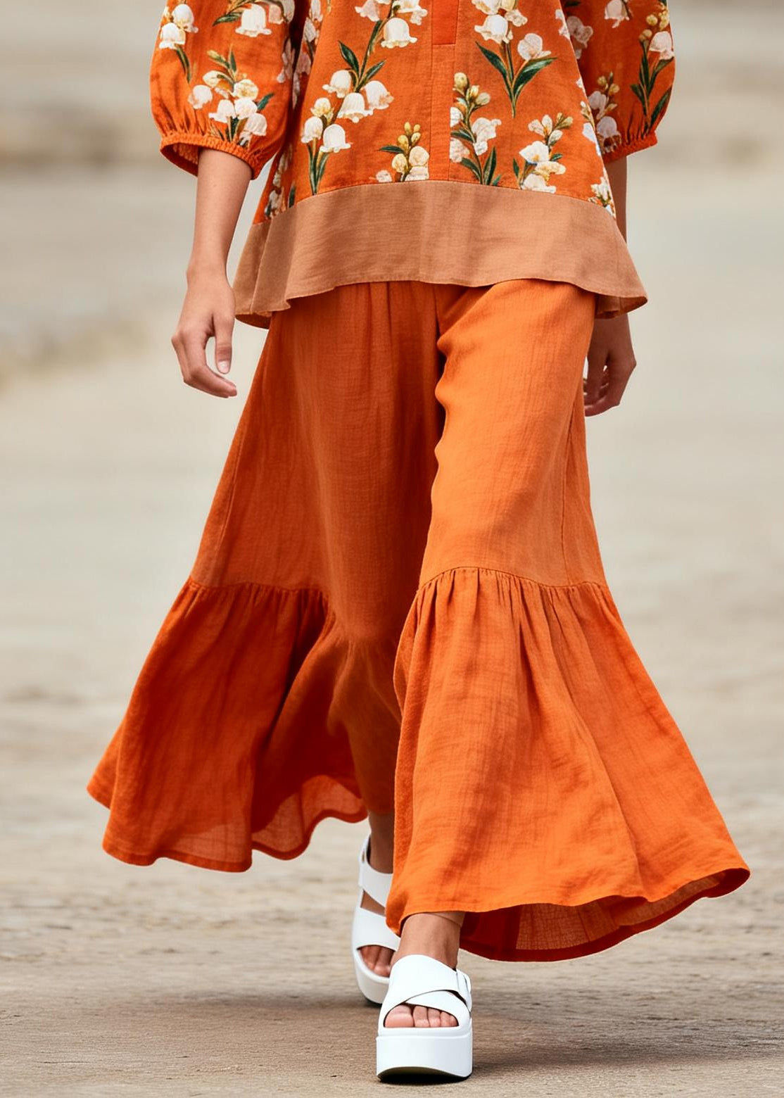French Orange Oversized Patchwork Print Cotton Two Pieces Set Summer