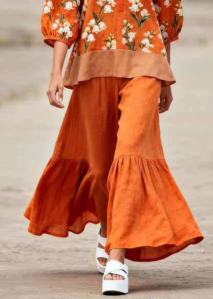 French Orange Oversized Patchwork Print Cotton Two Pieces Set Summer
