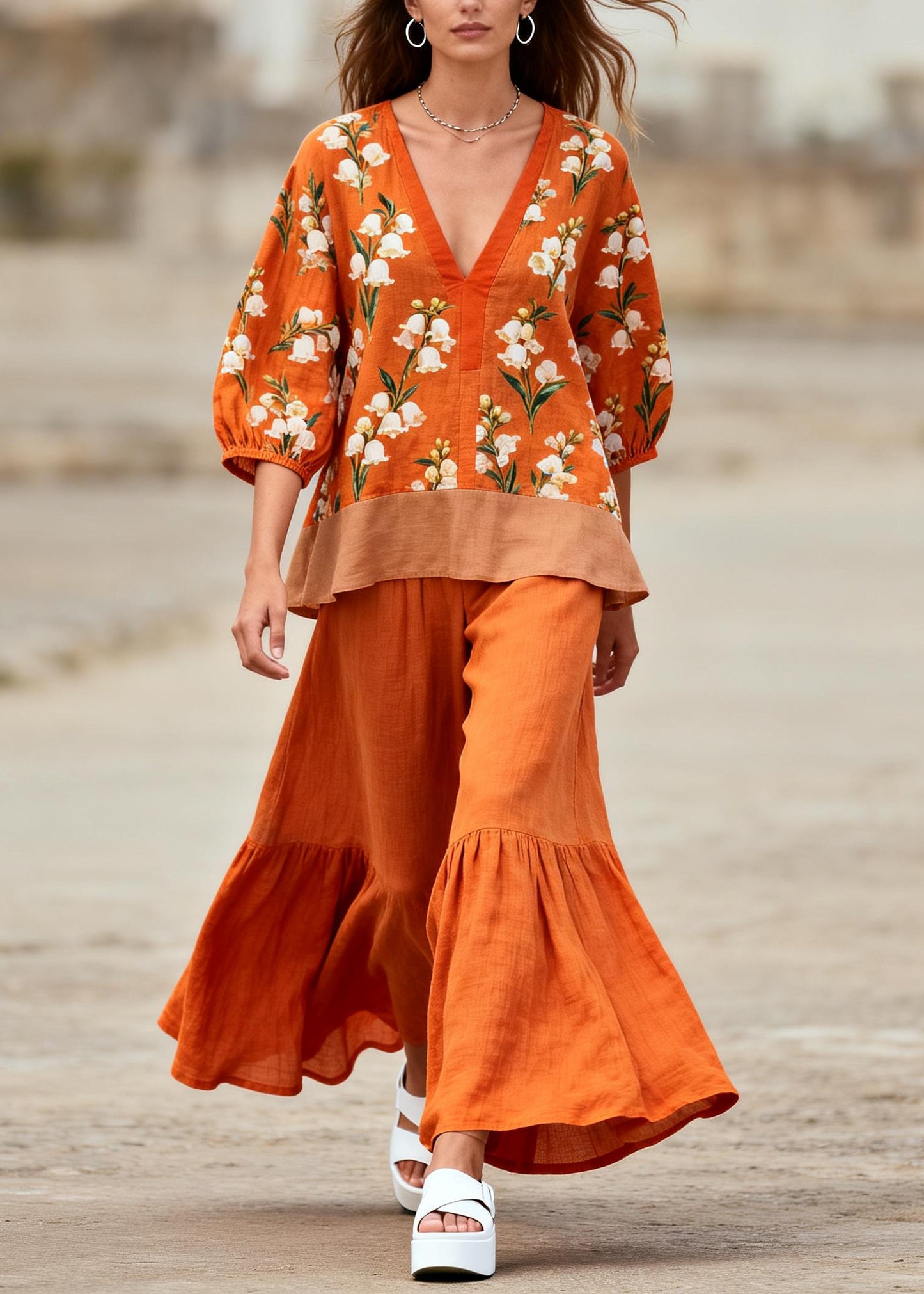 French Orange Oversized Patchwork Print Cotton Two Pieces Set Summer