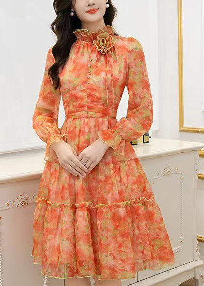 French Orange Ruffled Floral Chiffon Dresses Summer