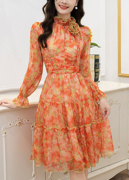 French Orange Ruffled Floral Chiffon Dresses Summer