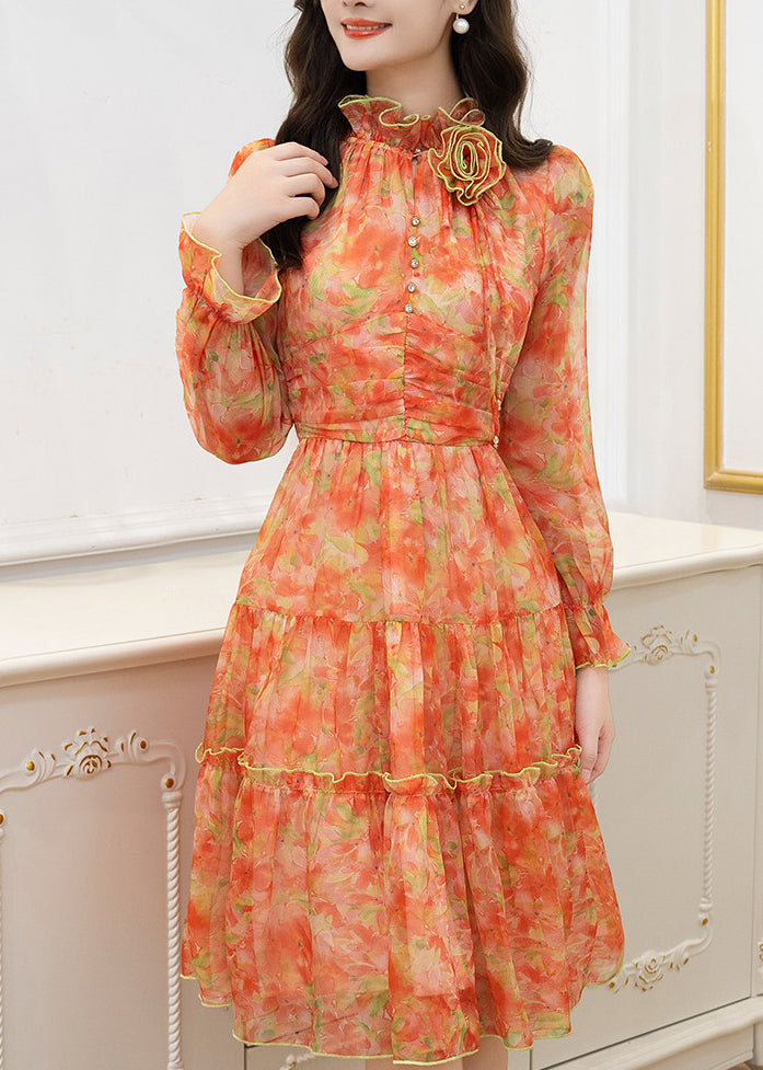 French Orange Ruffled Floral Chiffon Dresses Summer