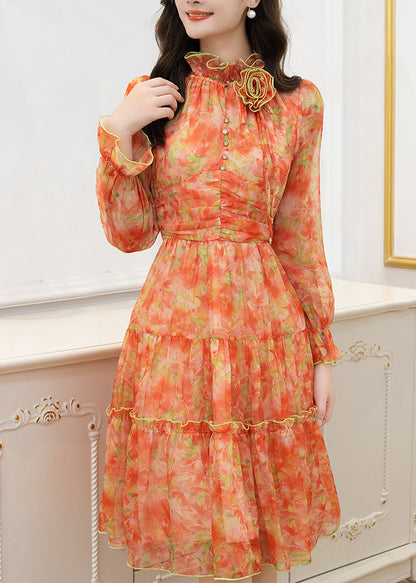 French Orange Ruffled Floral Chiffon Dresses Summer