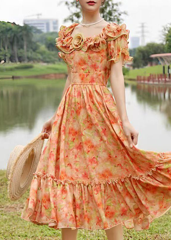 French Orange Ruffled Floral Print Chiffon Dress Summer