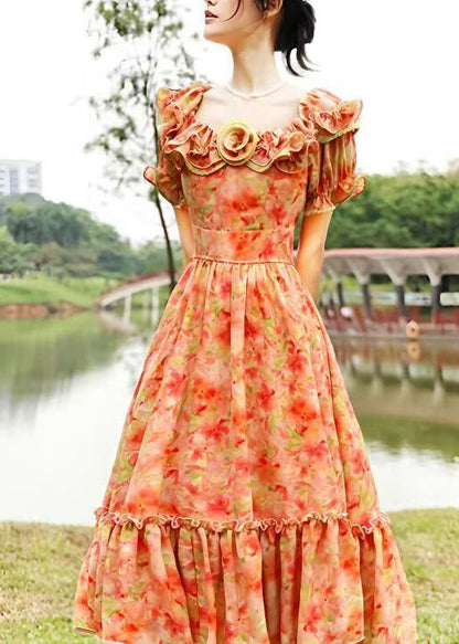 French Orange Ruffled Floral Print Chiffon Dress Summer