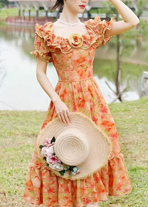 French Orange Ruffled Floral Print Chiffon Dress Summer