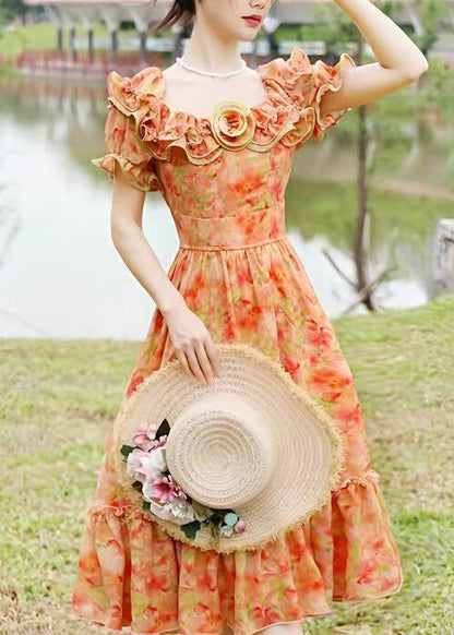 French Orange Ruffled Floral Print Chiffon Dress Summer